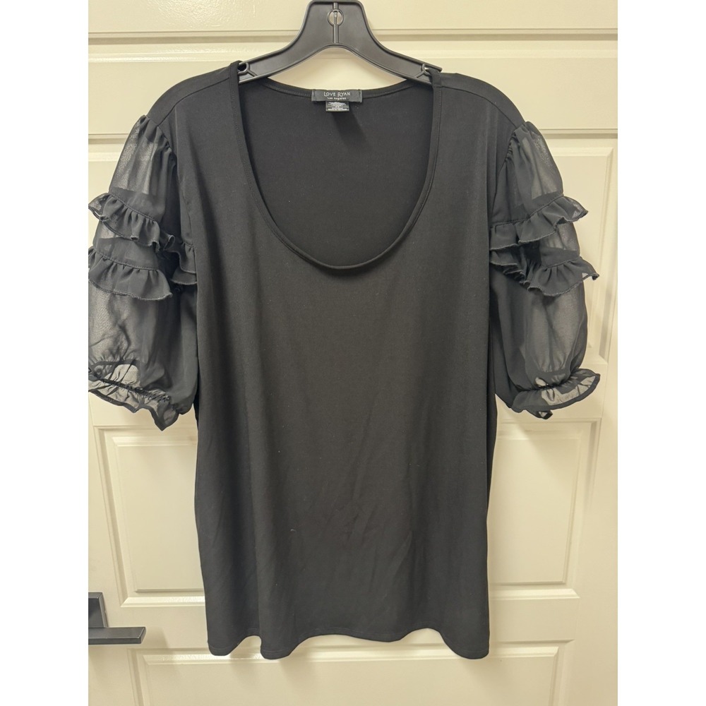 Love Ryan Black Ruffle Sheer Sleeve Blouse Scoop Neck Plus Size 3X K11296MP